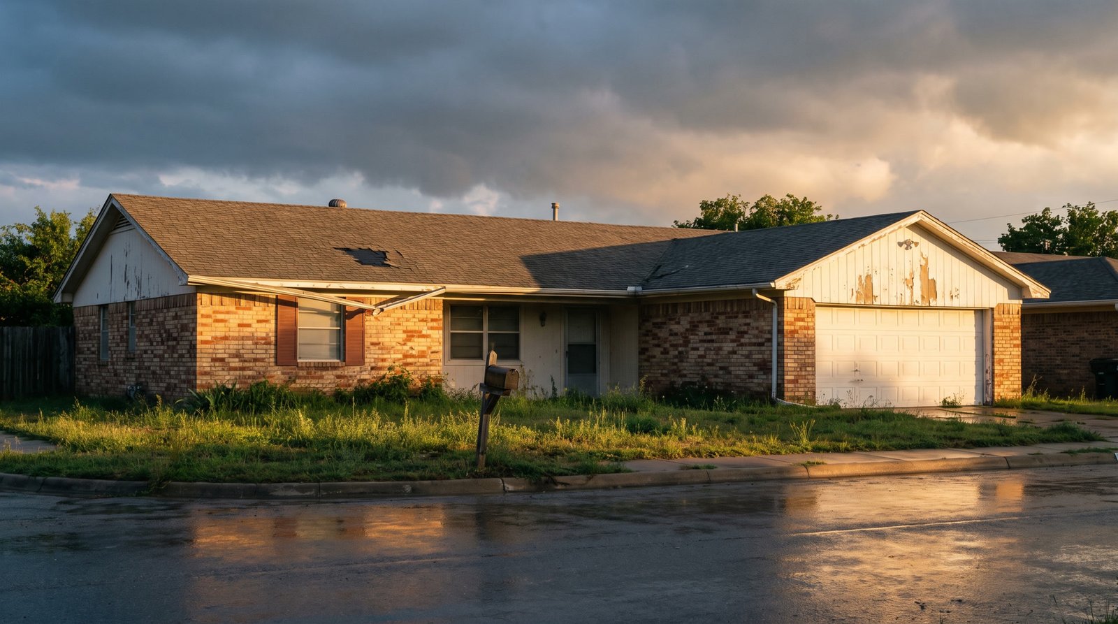A tired single story Texas brick house seen from the street after rain