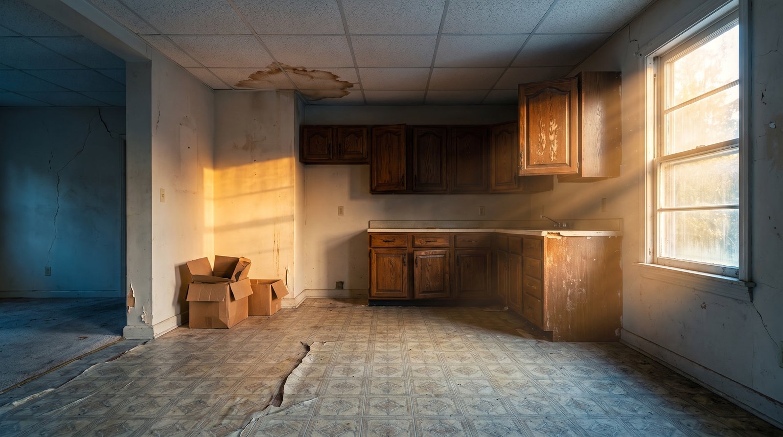 The dated interior of a house needing work, warm light through the window