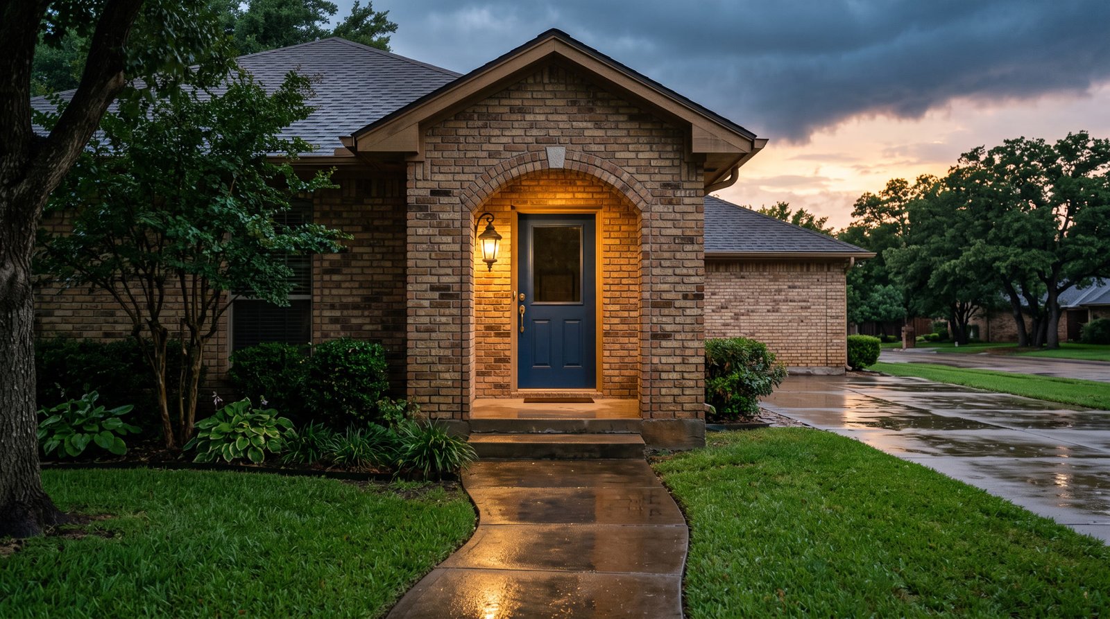 The front porch of a Texas home at dusk with the porch light on